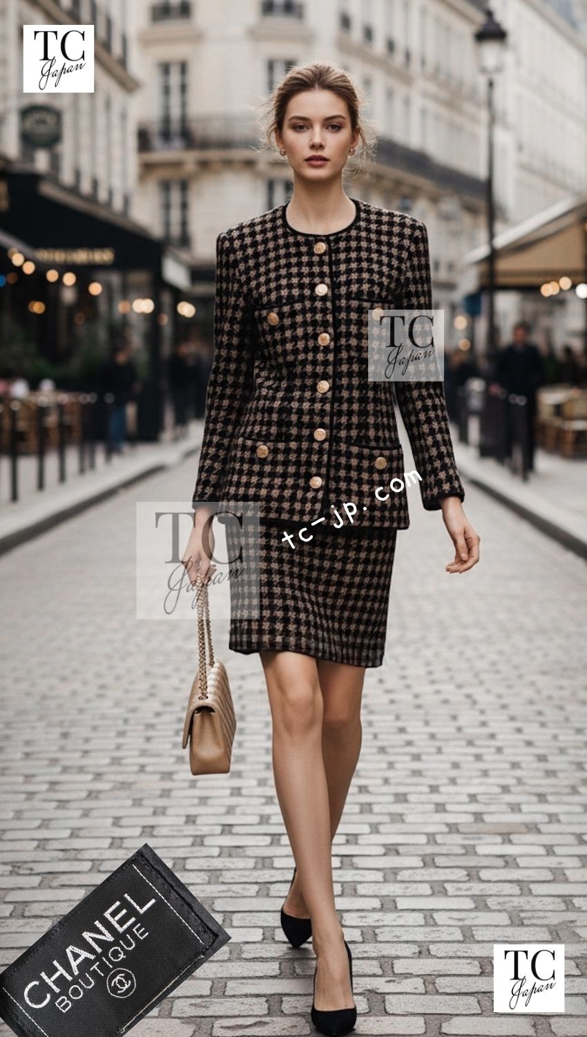 CHANEL Jacket Skirt Suit 90A Vintage Brown Beige Houndstooth CC