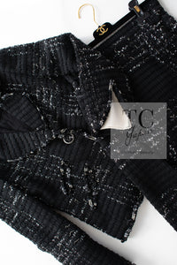 CHANEL 08C Black Beaded Chain Cotton Wool Tweed Jacket Skirt Suit 36 シャネル ブラック ビーズ チェーン コットン ウール ツイード ジャケット スカート スーツ 即発