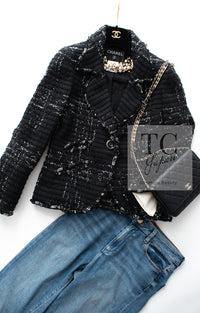 CHANEL 08C Black Beaded Chain Cotton Wool Tweed Jacket Skirt Suit 36 シャネル ブラック ビーズ チェーン コットン ウール ツイード ジャケット スカート スーツ 即発