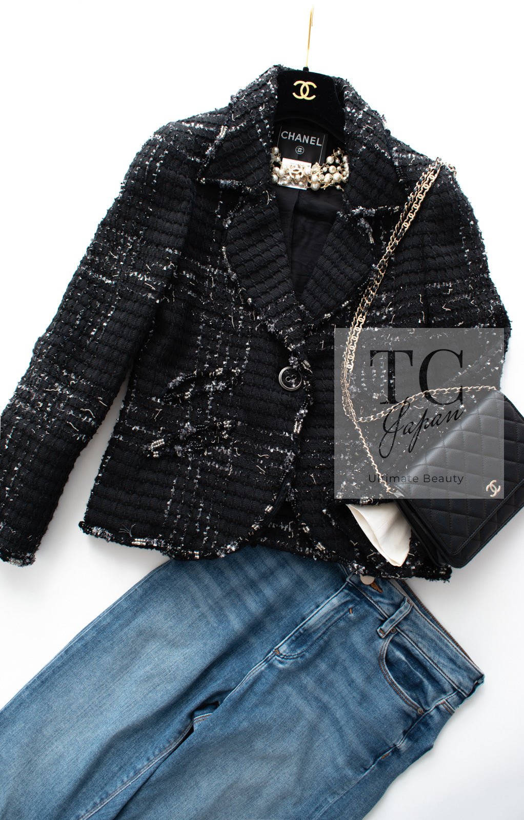 CHANEL 08C Black Beaded Chain Cotton Wool Tweed Jacket Skirt Suit 36 シャネル ブラック ビーズ チェーン コットン ウール ツイード ジャケット スカート スーツ 即発
