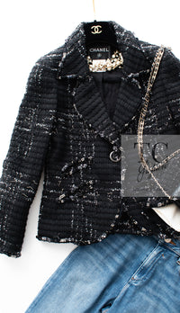 CHANEL 08C Black Beaded Chain Cotton Wool Tweed Jacket Skirt Suit 36 シャネル ブラック ビーズ チェーン コットン ウール ツイード ジャケット スカート スーツ 即発