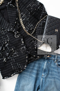 CHANEL 08C Black Beaded Chain Cotton Wool Tweed Jacket Skirt Suit 36 シャネル ブラック ビーズ チェーン コットン ウール ツイード ジャケット スカート スーツ 即発
