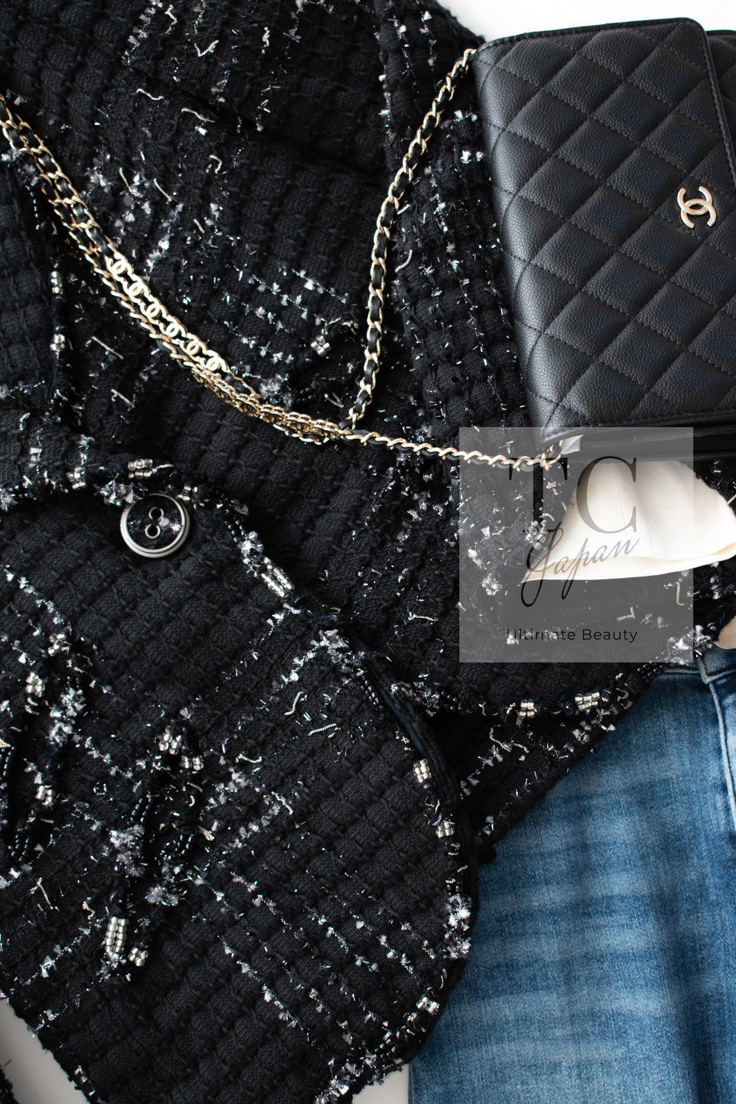 CHANEL 08C Black Beaded Chain Cotton Wool Tweed Jacket Skirt Suit 36 シャネル ブラック ビーズ チェーン コットン ウール ツイード ジャケット スカート スーツ 即発