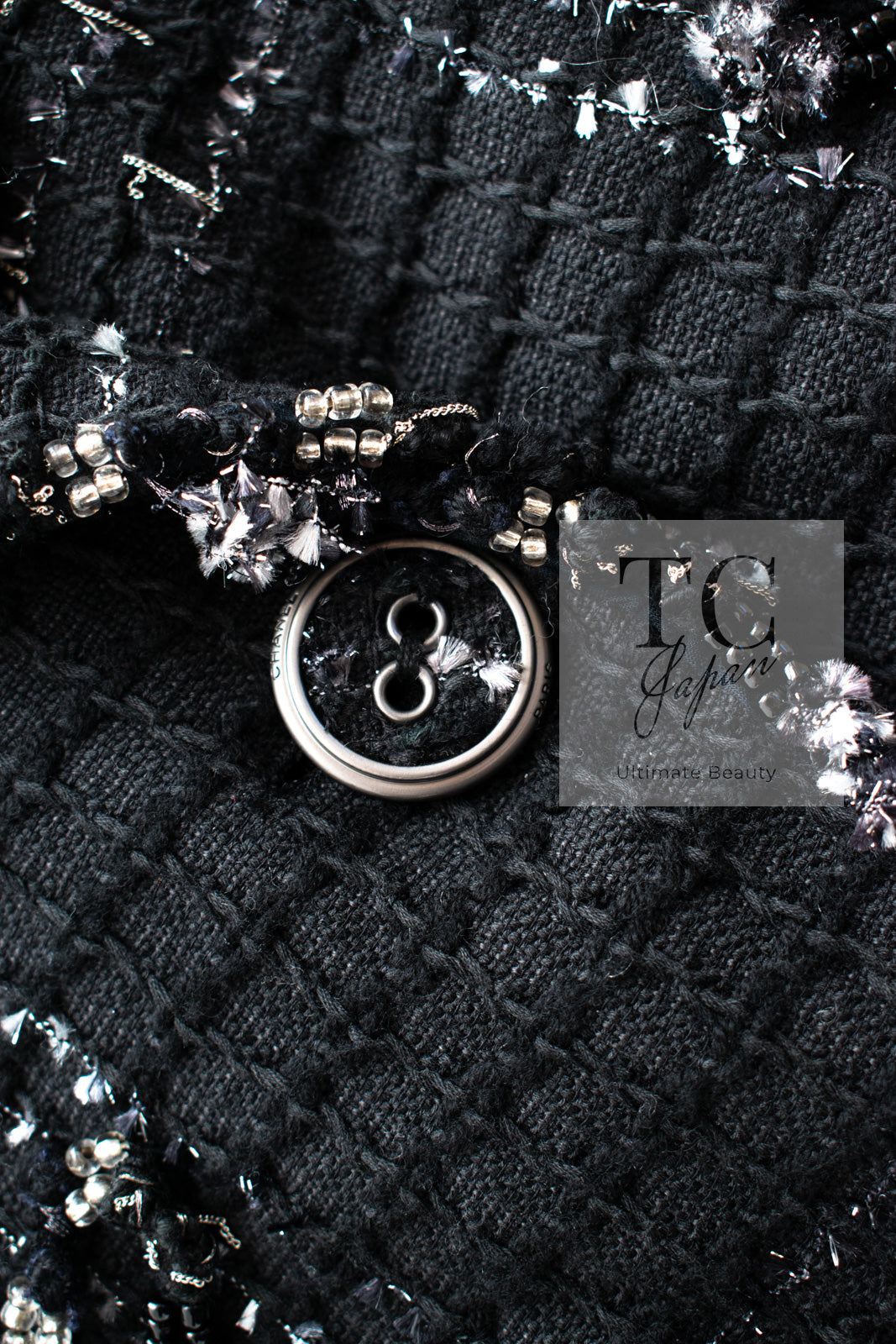 CHANEL 08C Black Beaded Chain Cotton Wool Tweed Jacket Skirt Suit 36 シャネル ブラック ビーズ チェーン コットン ウール ツイード ジャケット スカート スーツ 即発