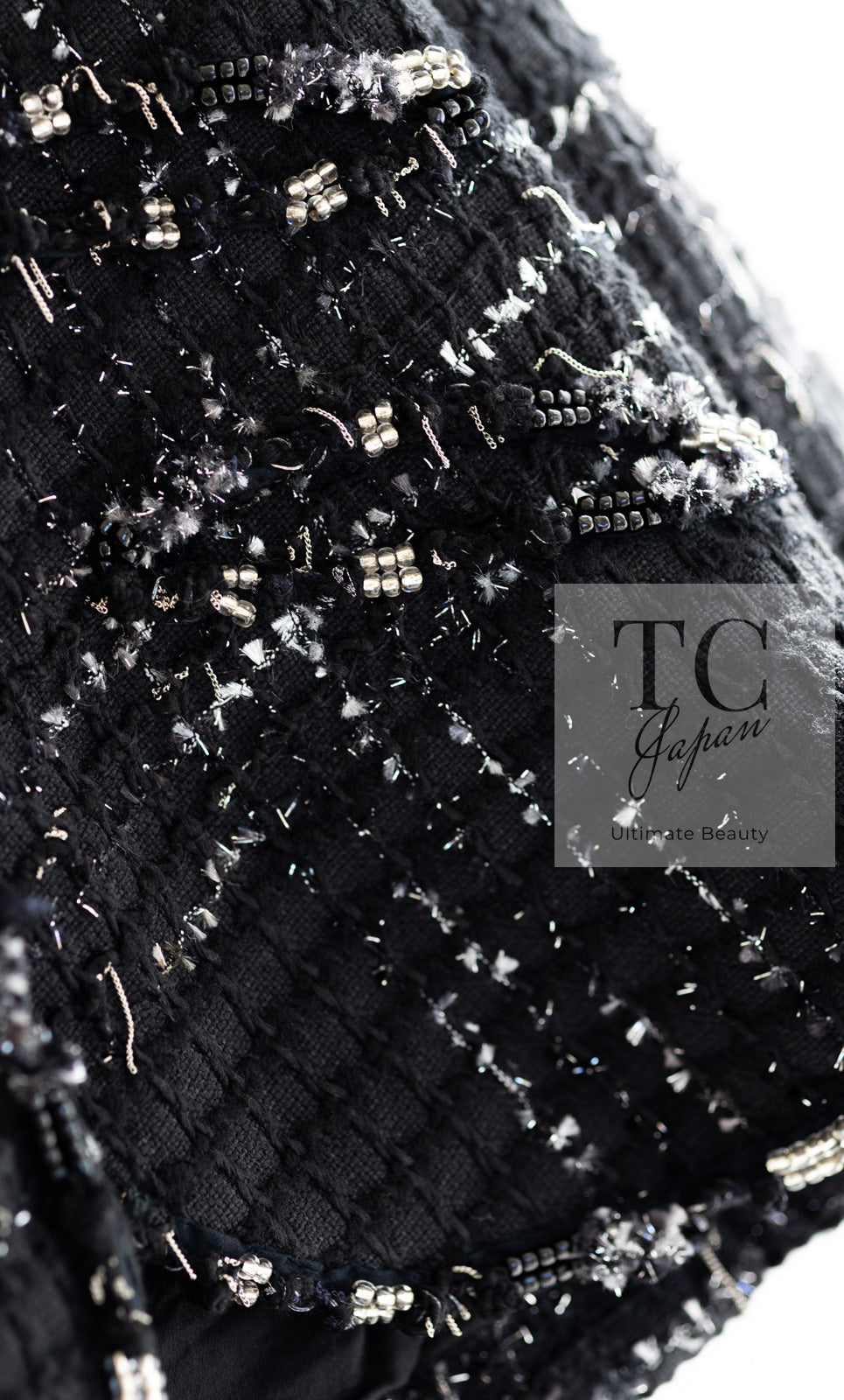 CHANEL 08C Black Beaded Chain Cotton Wool Tweed Jacket Skirt Suit 36 シャネル ブラック ビーズ チェーン コットン ウール ツイード ジャケット スカート スーツ 即発