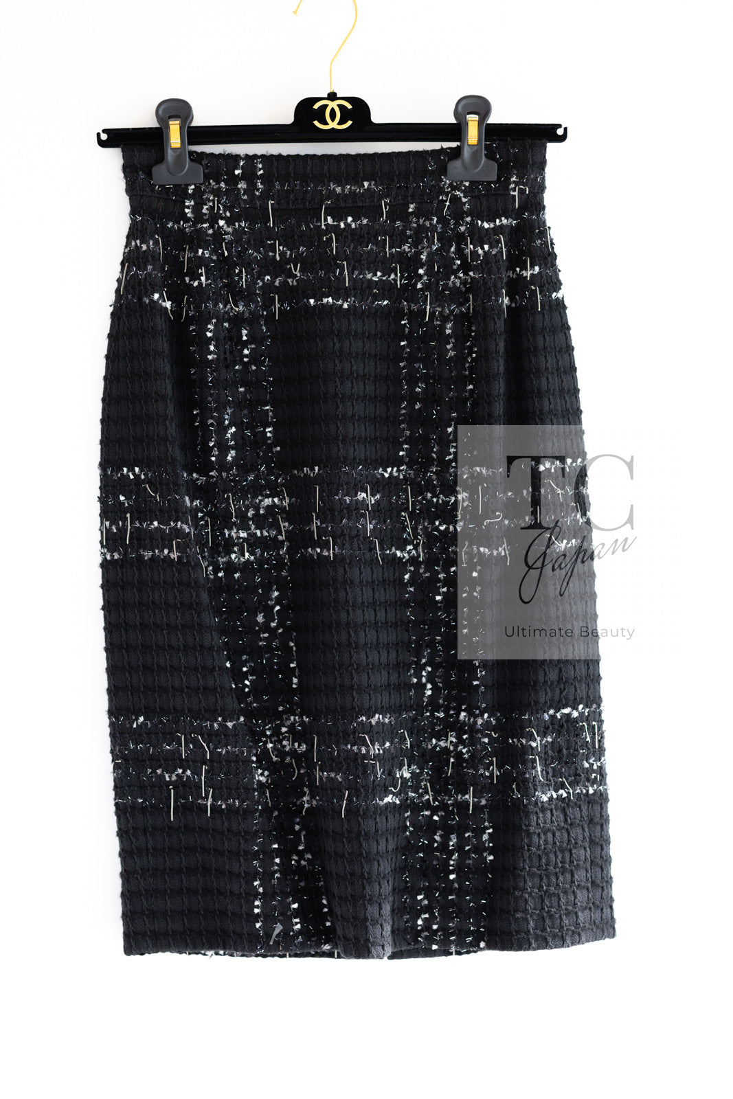 CHANEL 08C Black Beaded Chain Cotton Wool Tweed Jacket Skirt Suit 36 シャネル ブラック ビーズ チェーン コットン ウール ツイード ジャケット スカート スーツ 即発