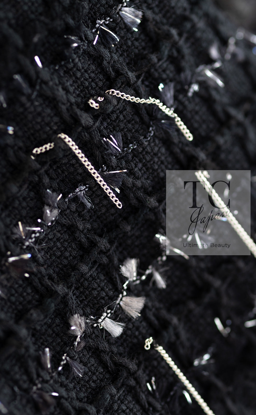 CHANEL 08C Black Beaded Chain Cotton Wool Tweed Jacket Skirt Suit 36 シャネル ブラック ビーズ チェーン コットン ウール ツイード ジャケット スカート スーツ 即発