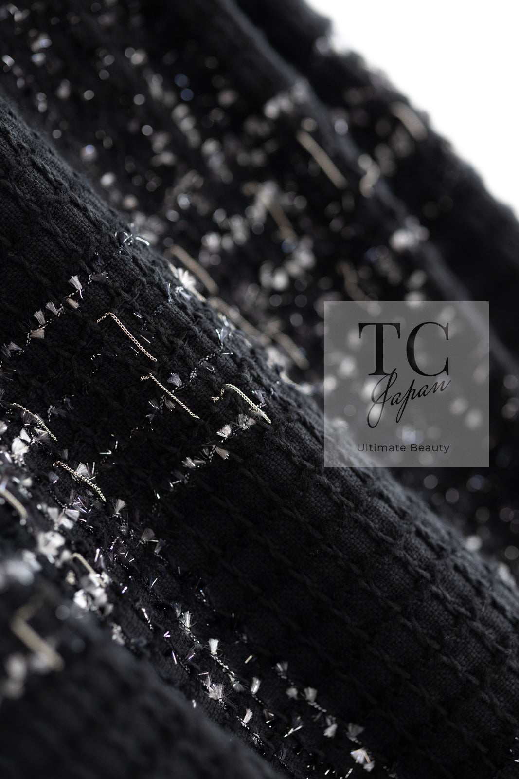 CHANEL 08C Black Beaded Chain Cotton Wool Tweed Jacket Skirt Suit 36 シャネル ブラック ビーズ チェーン コットン ウール ツイード ジャケット スカート スーツ 即発