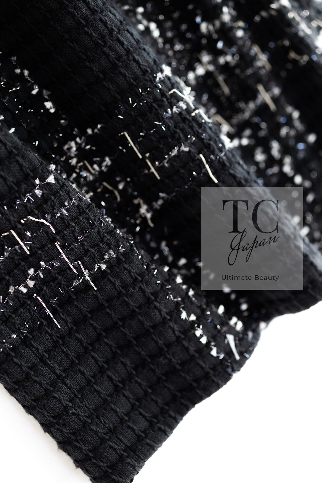 CHANEL 08C Black Beaded Chain Cotton Wool Tweed Jacket Skirt Suit 36 シャネル ブラック ビーズ チェーン コットン ウール ツイード ジャケット スカート スーツ 即発