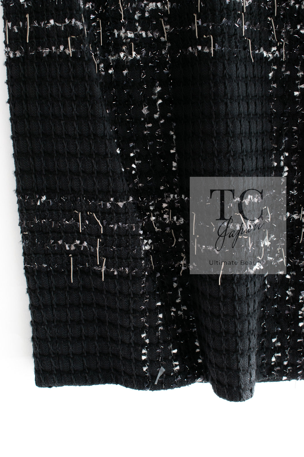 CHANEL 08C Black Beaded Chain Cotton Wool Tweed Jacket Skirt Suit 36 シャネル ブラック ビーズ チェーン コットン ウール ツイード ジャケット スカート スーツ 即発