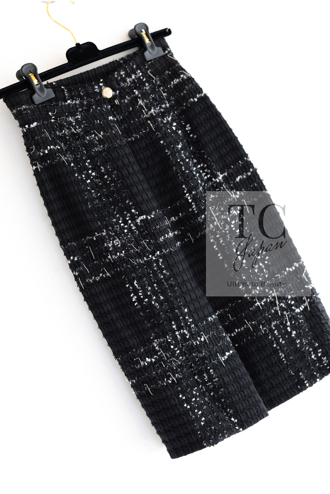 CHANEL 08C Black Beaded Chain Cotton Wool Tweed Jacket Skirt Suit 36 シャネル ブラック ビーズ チェーン コットン ウール ツイード ジャケット スカート スーツ 即発