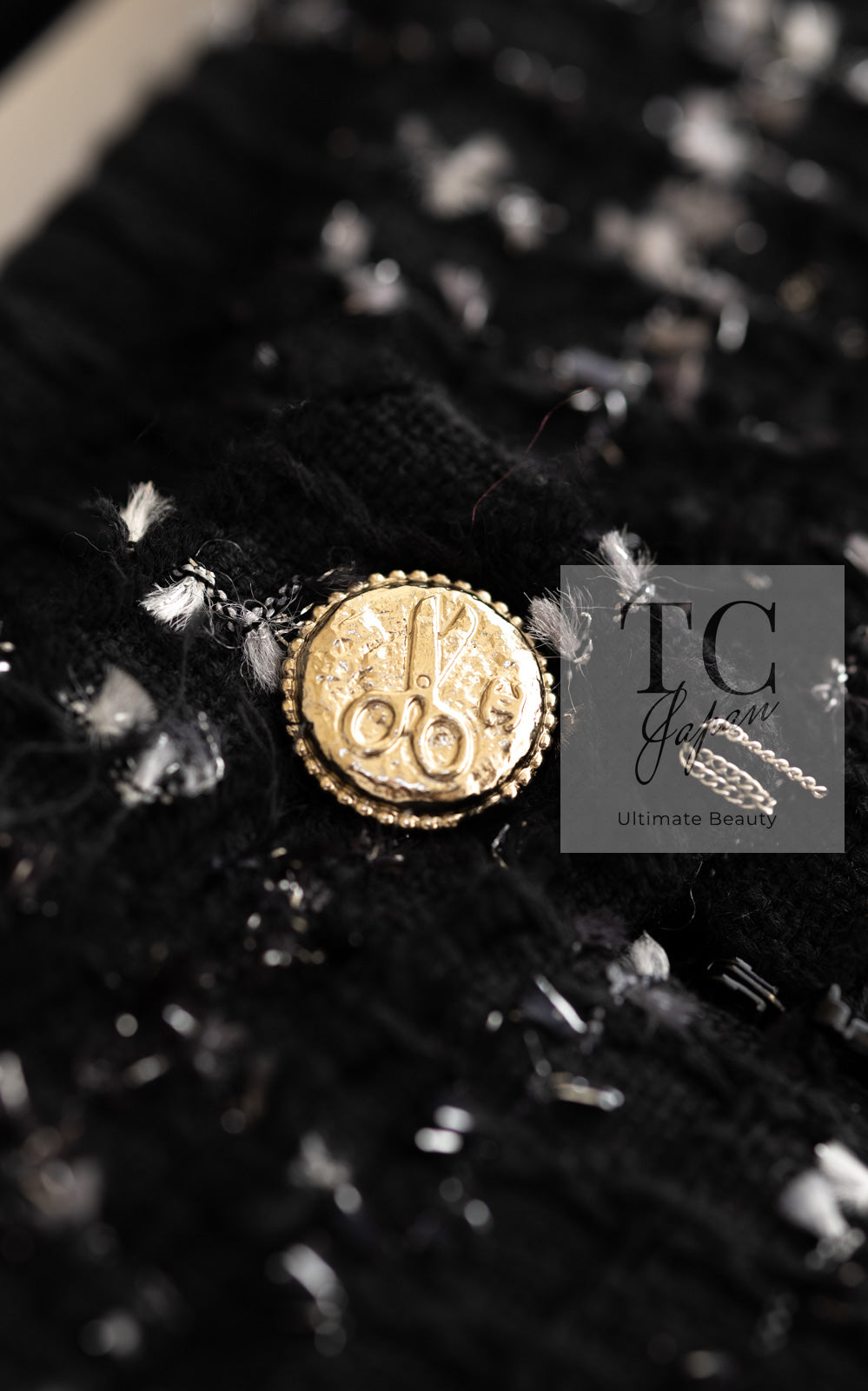 CHANEL 08C Black Beaded Chain Cotton Wool Tweed Jacket Skirt Suit 36 シャネル ブラック ビーズ チェーン コットン ウール ツイード ジャケット スカート スーツ 即発