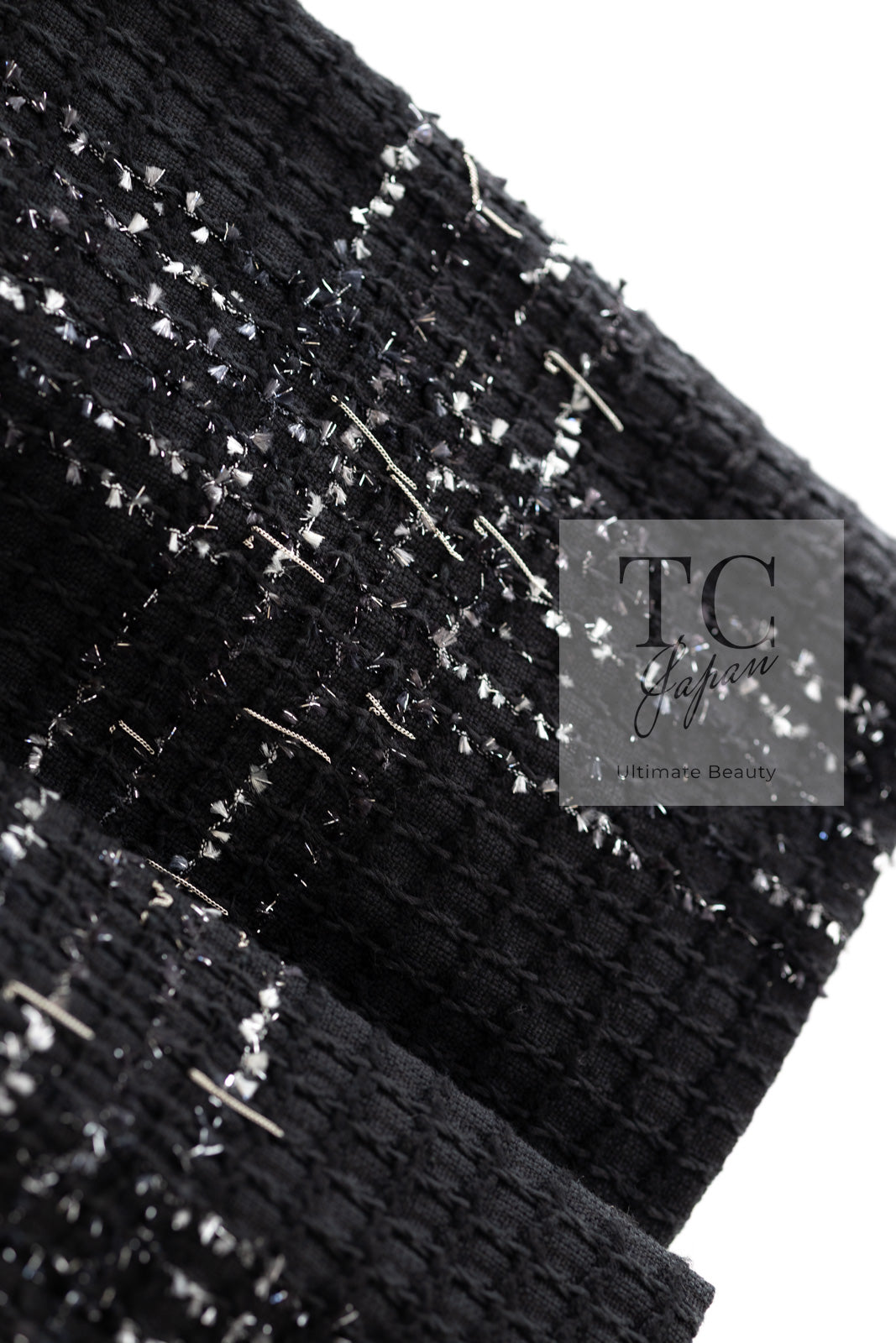 CHANEL 08C Black Beaded Chain Cotton Wool Tweed Jacket Skirt Suit 36 シャネル ブラック ビーズ チェーン コットン ウール ツイード ジャケット スカート スーツ 即発