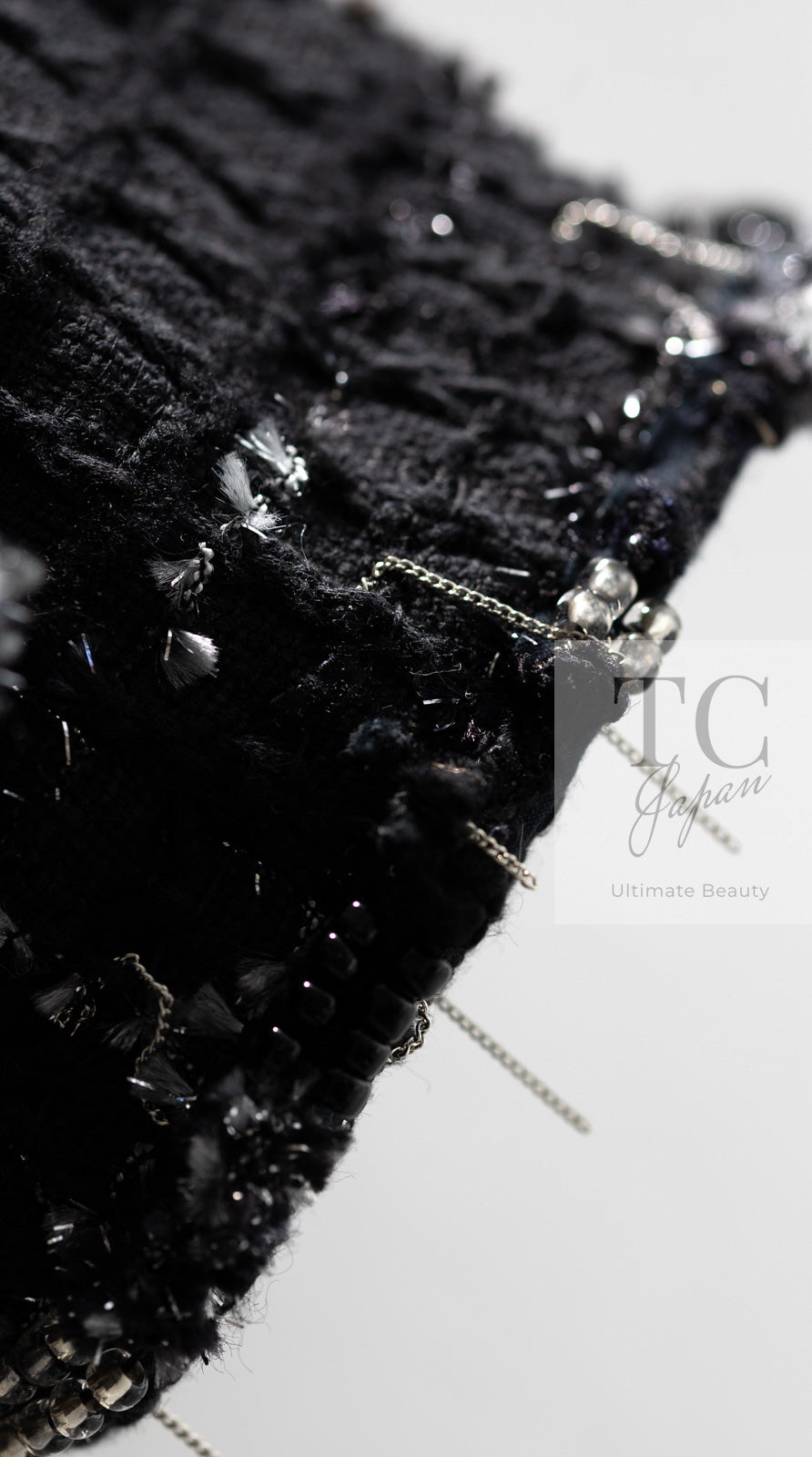 CHANEL 08C Black Beaded Chain Cotton Wool Tweed Jacket Skirt Suit 36 シャネル ブラック ビーズ チェーン コットン ウール ツイード ジャケット スカート スーツ 即発