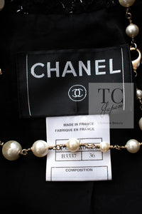 CHANEL 08C Black Beaded Chain Cotton Wool Tweed Jacket Skirt Suit 36 シャネル ブラック ビーズ チェーン コットン ウール ツイード ジャケット スカート スーツ 即発