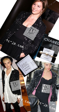 CHANEL 08C Black Beaded Chain Cotton Wool Tweed Jacket Skirt Suit 36 シャネル ブラック ビーズ チェーン コットン ウール ツイード ジャケット スカート スーツ 即発
