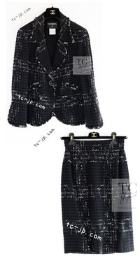 CHANEL 08C Black Beaded Chain Cotton Wool Tweed Jacket Skirt Suit 36 シャネル ブラック ビーズ チェーン コットン ウール ツイード ジャケット スカート スーツ 即発