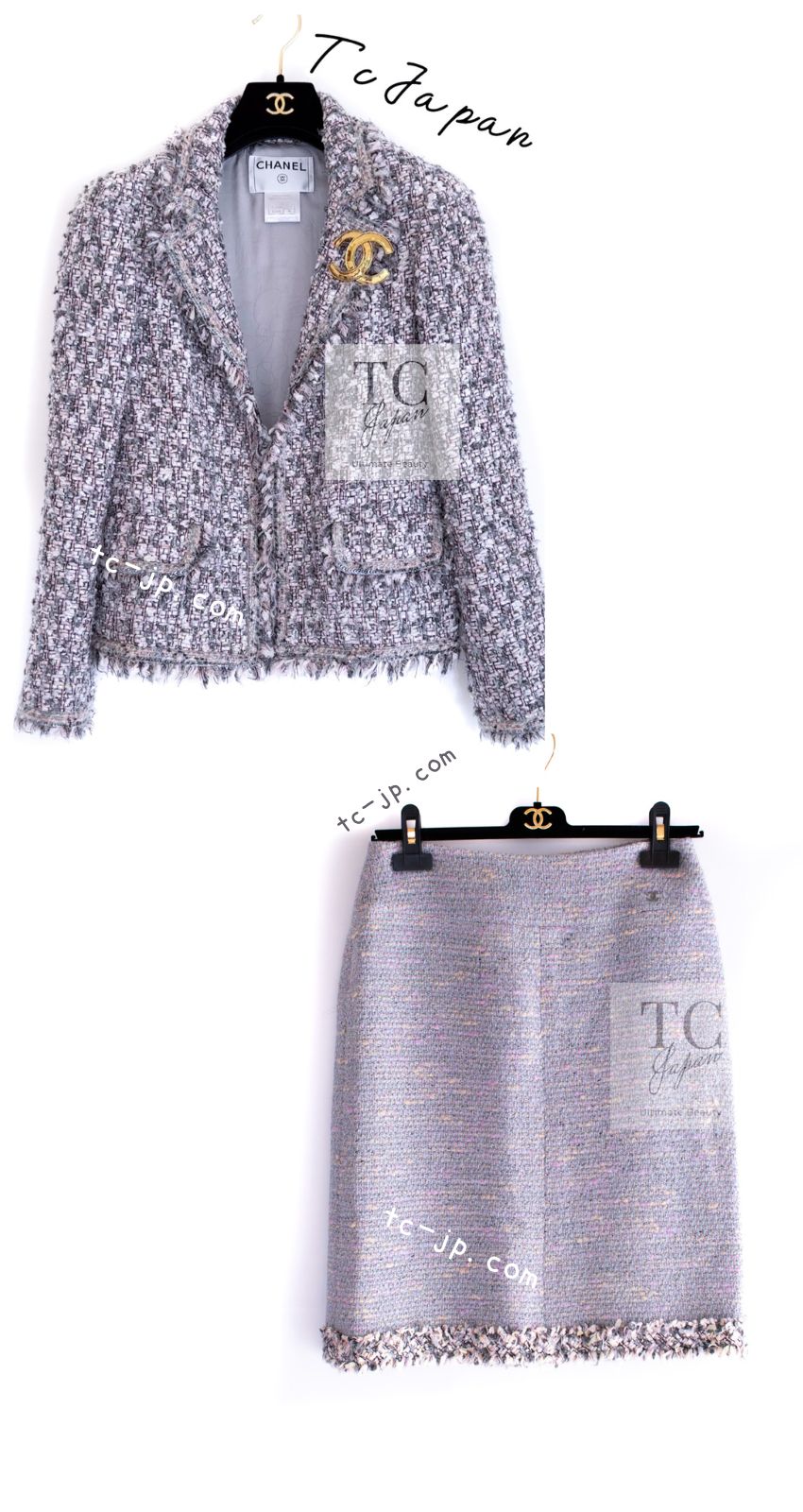 シャネル ジャケット スーツ CHANEL グレー ピンク ラベンダー マルチ  