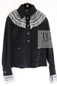 CHANEL 13B Charcoal Gray Black Ruffle Trim Jacket 38 シャネル チャコールグレー ブラック ラッフル トリム ジャケット 即発