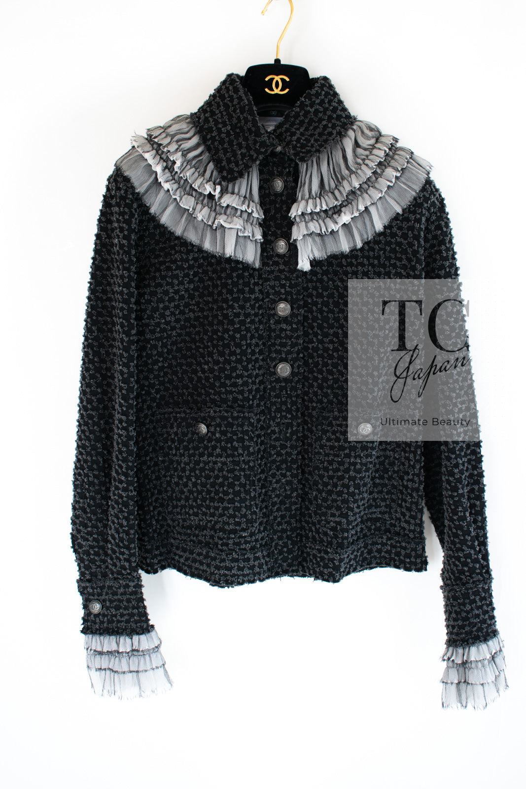 CHANEL 13B Charcoal Gray Black Ruffle Trim Jacket 38 シャネル チャコールグレー ブラック ラッフル トリム ジャケット 即発