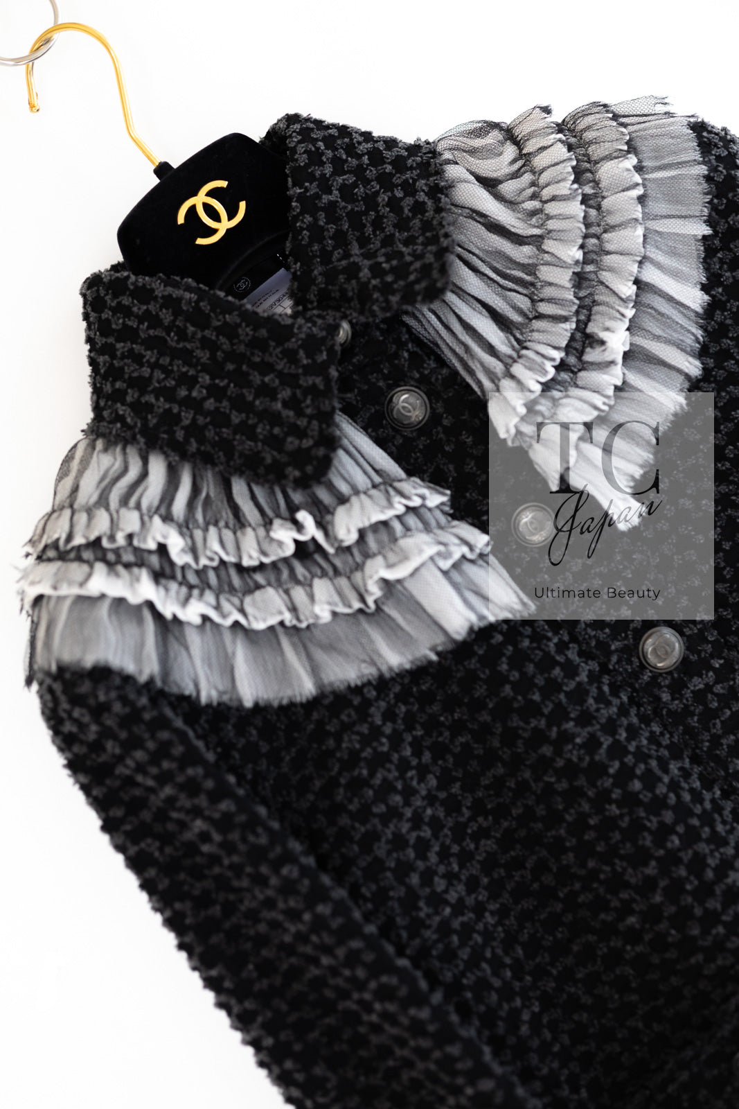 CHANEL 13B Charcoal Gray Black Ruffle Trim Jacket 38 シャネル チャコールグレー ブラック ラッフル トリム ジャケット 即発