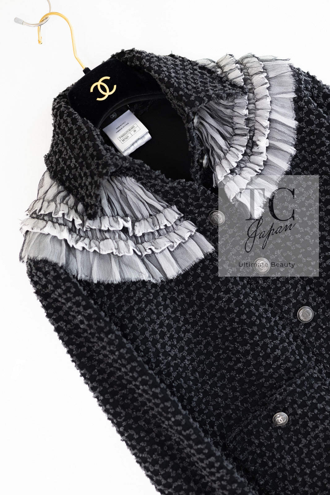 CHANEL 13B Charcoal Gray Black Ruffle Trim Jacket 38 シャネル チャコールグレー ブラック ラッフル トリム ジャケット 即発
