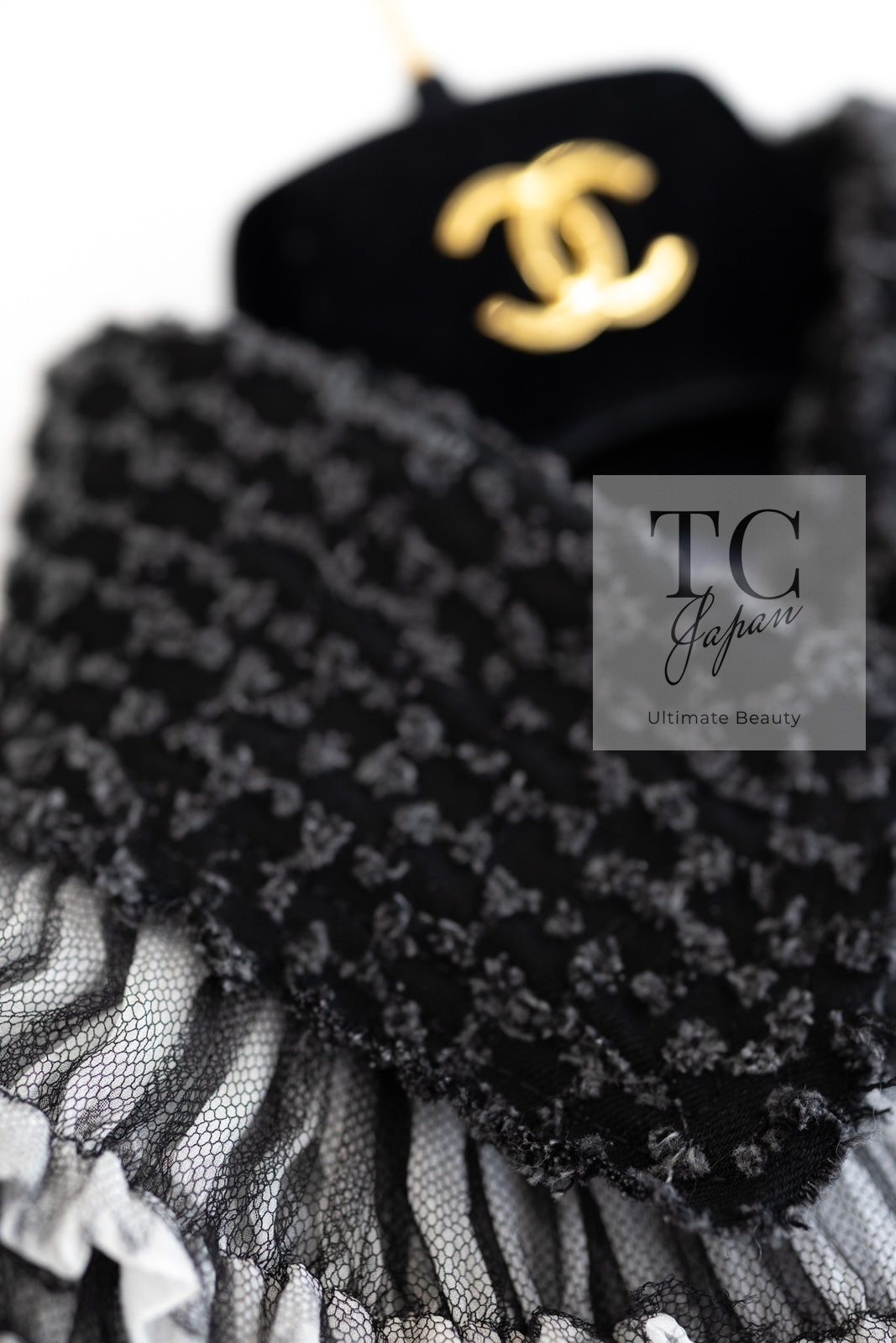 CHANEL 13B Charcoal Gray Black Ruffle Trim Jacket 38 シャネル チャコールグレー ブラック ラッフル トリム ジャケット 即発