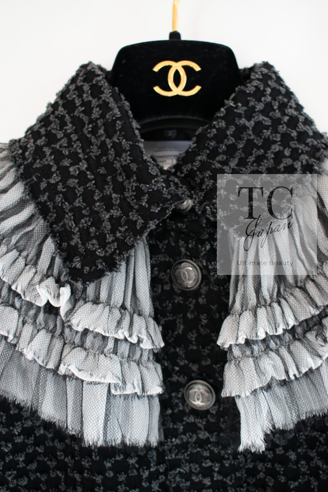 CHANEL 13B Charcoal Gray Black Ruffle Trim Jacket 38 シャネル チャコールグレー ブラック ラッフル トリム ジャケット 即発