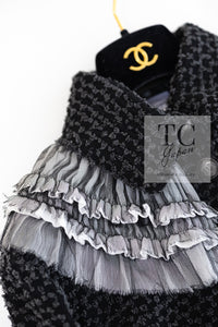 CHANEL 13B Charcoal Gray Black Ruffle Trim Jacket 38 シャネル チャコールグレー ブラック ラッフル トリム ジャケット 即発