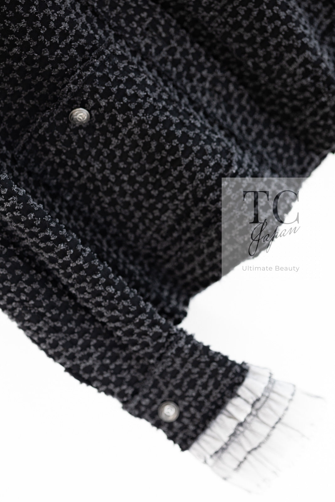 CHANEL 13B Charcoal Gray Black Ruffle Trim Jacket 38 シャネル チャコールグレー ブラック ラッフル トリム ジャケット 即発