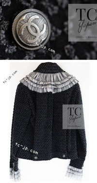 CHANEL 13B Charcoal Gray Black Ruffle Trim Jacket 38 シャネル チャコールグレー ブラック ラッフル トリム ジャケット 即発