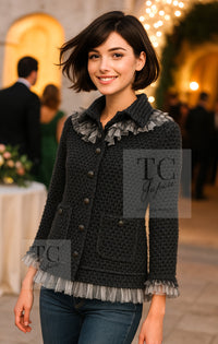 CHANEL 13B Charcoal Gray Black Ruffle Trim Jacket 38 シャネル チャコールグレー ブラック ラッフル トリム ジャケット 即発