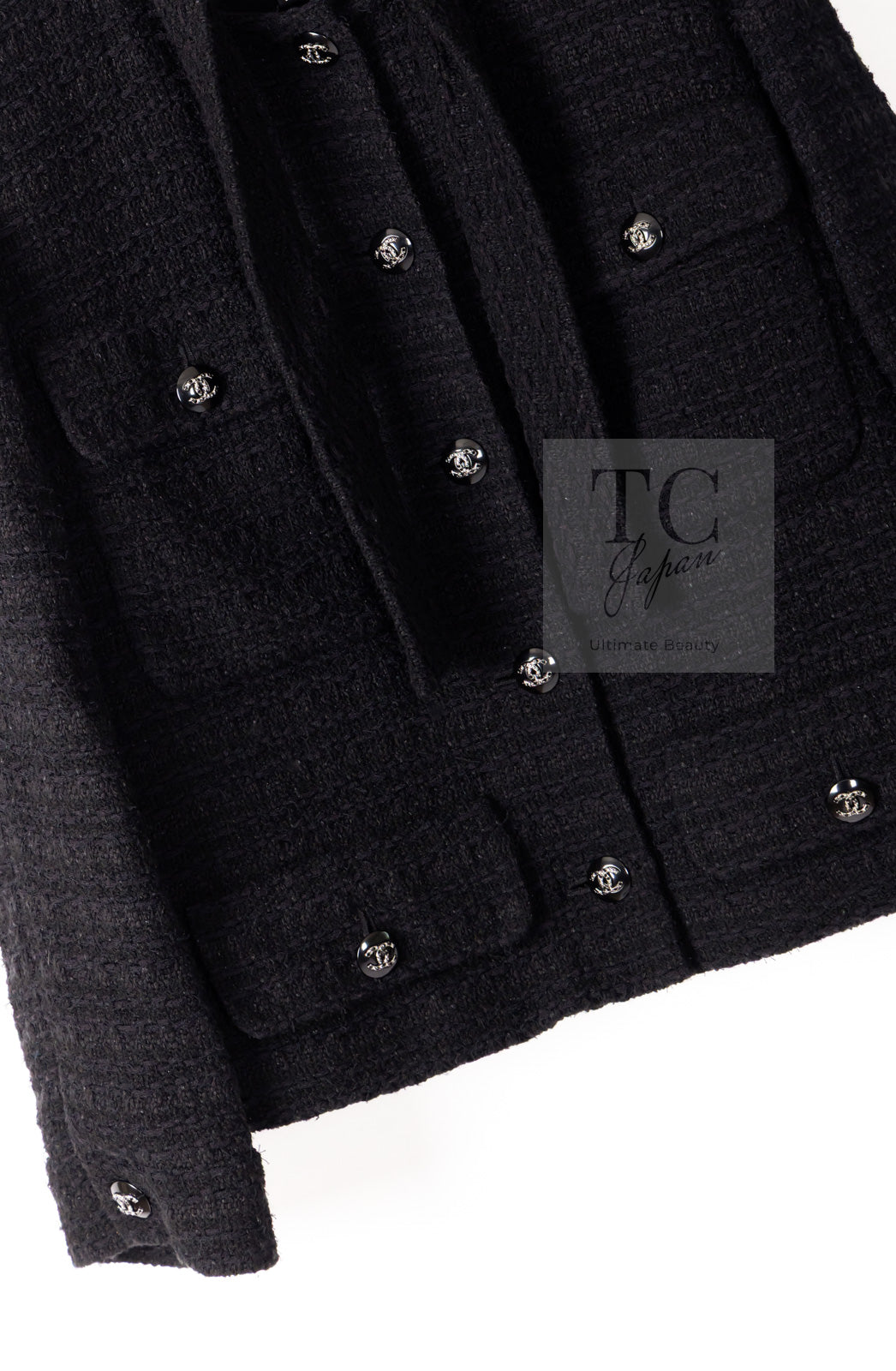 CHANEL 21C Black Bow CC Buttons Tweed Jacket Skirt Suit 38 シャネル ブラック リボン ココボタン ツイード ジャケット スカート スーツ 即発