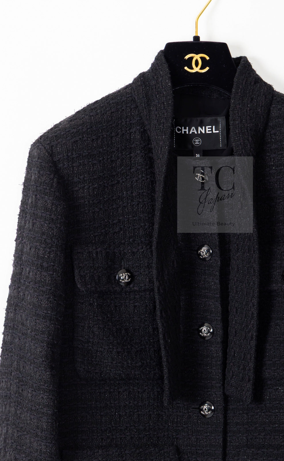 CHANEL 21C Black Bow CC Buttons Tweed Jacket Skirt Suit 38 シャネル ブラック リボン ココボタン ツイード ジャケット スカート スーツ 即発