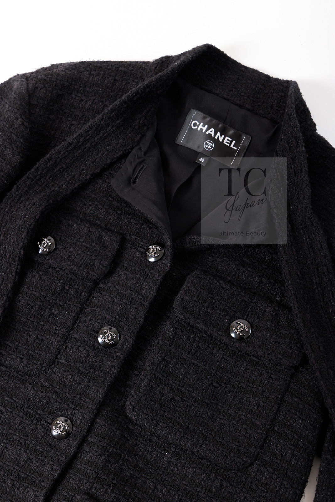 CHANEL 21C Black Bow CC Buttons Tweed Jacket Skirt Suit 38 シャネル ブラック リボン ココボタン ツイード ジャケット スカート スーツ 即発
