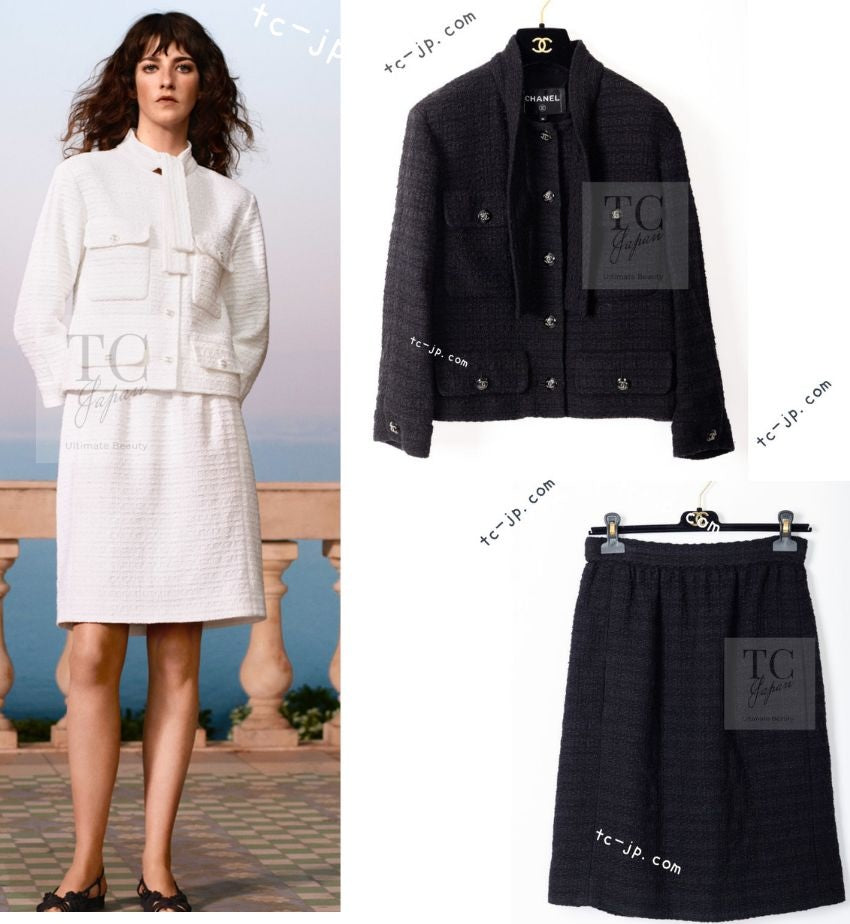 CHANEL 21C Black Bow CC Buttons Tweed Jacket Skirt Suit 38 シャネル ブラック リボン ココボタン ツイード ジャケット スカート スーツ 即発