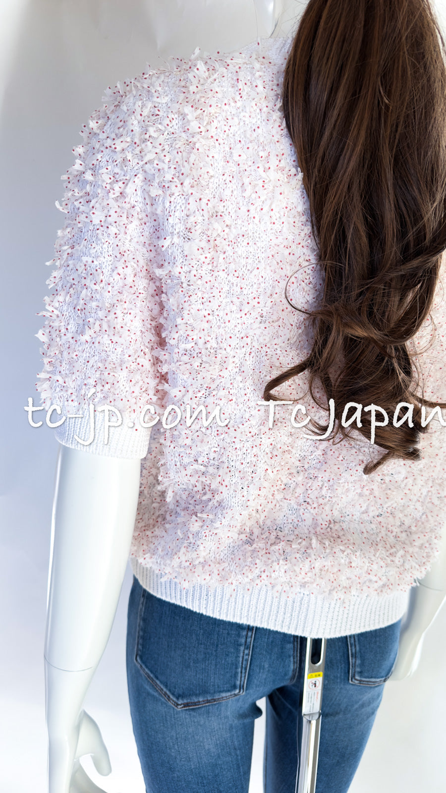 CHANEL 16C White Red Dot Ribbon Embellishments Knit Pullover Sweater Tops 40 42 シャネル ホワイト レッド ドット リボン ニット プルオーバー セーター トップス 即発
