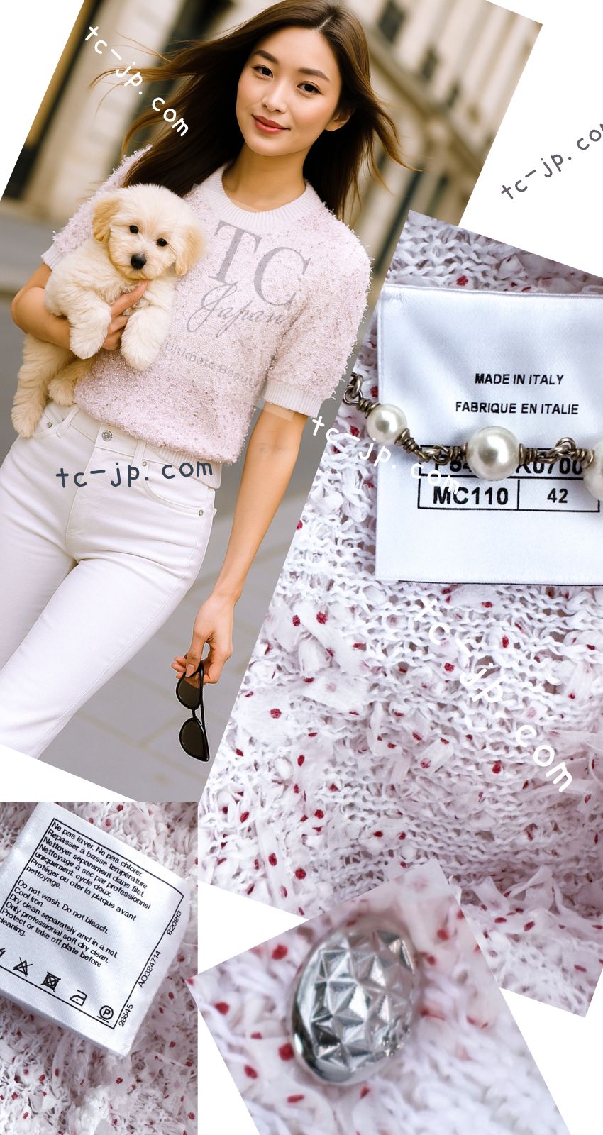 CHANEL 16C White Red Dot Ribbon Embellishments Knit Pullover Sweater Tops 40 42 シャネル ホワイト レッド ドット リボン ニット プルオーバー セーター トップス 即発