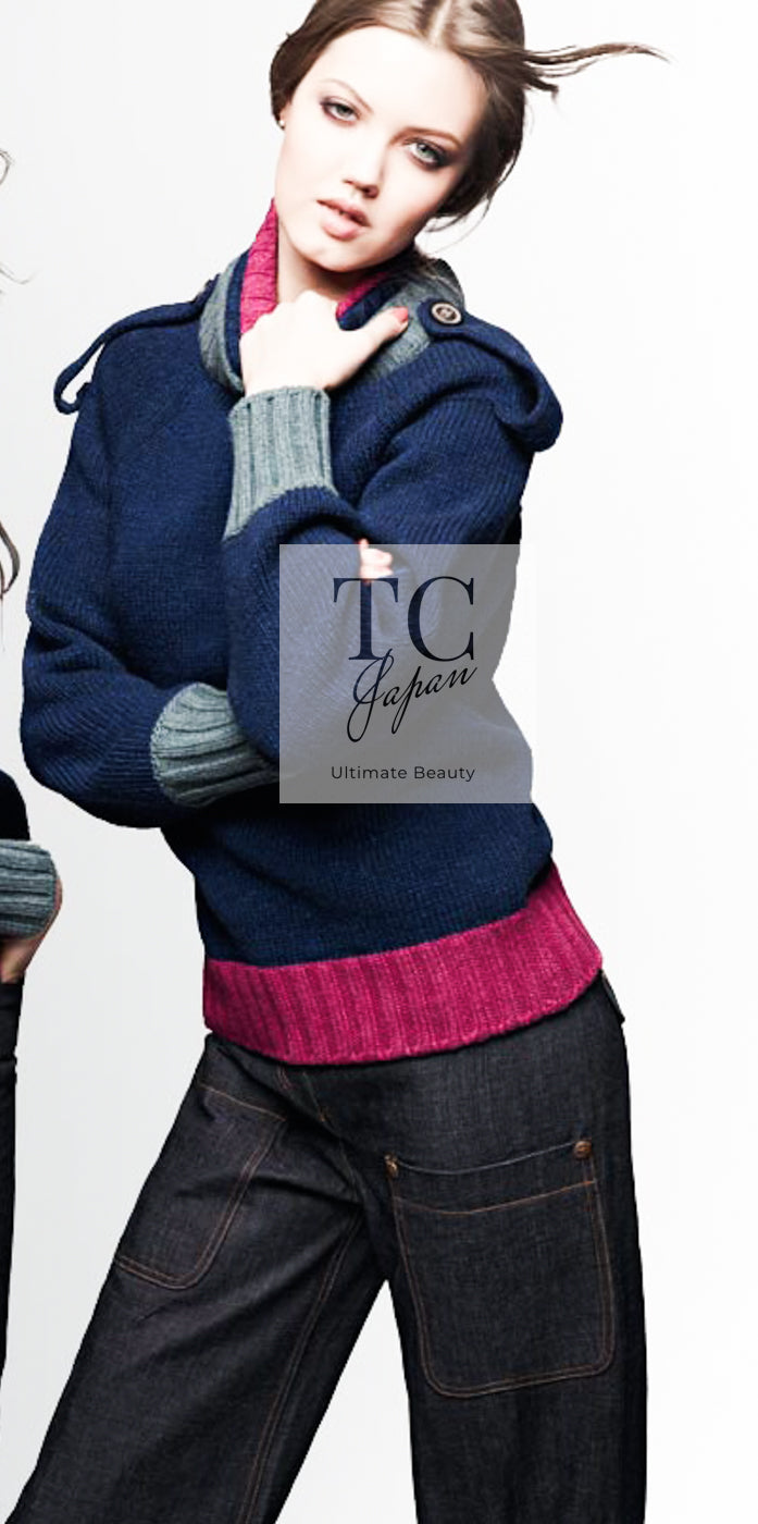 CHANEL 12A Navy Gray Pink Cashmere Wool Knit Sweater CC Logo Buttons 38  シャネル ネイビー グレー ピンク カシミヤ ウール モヘア ニット セーター ココマークボタン 即発