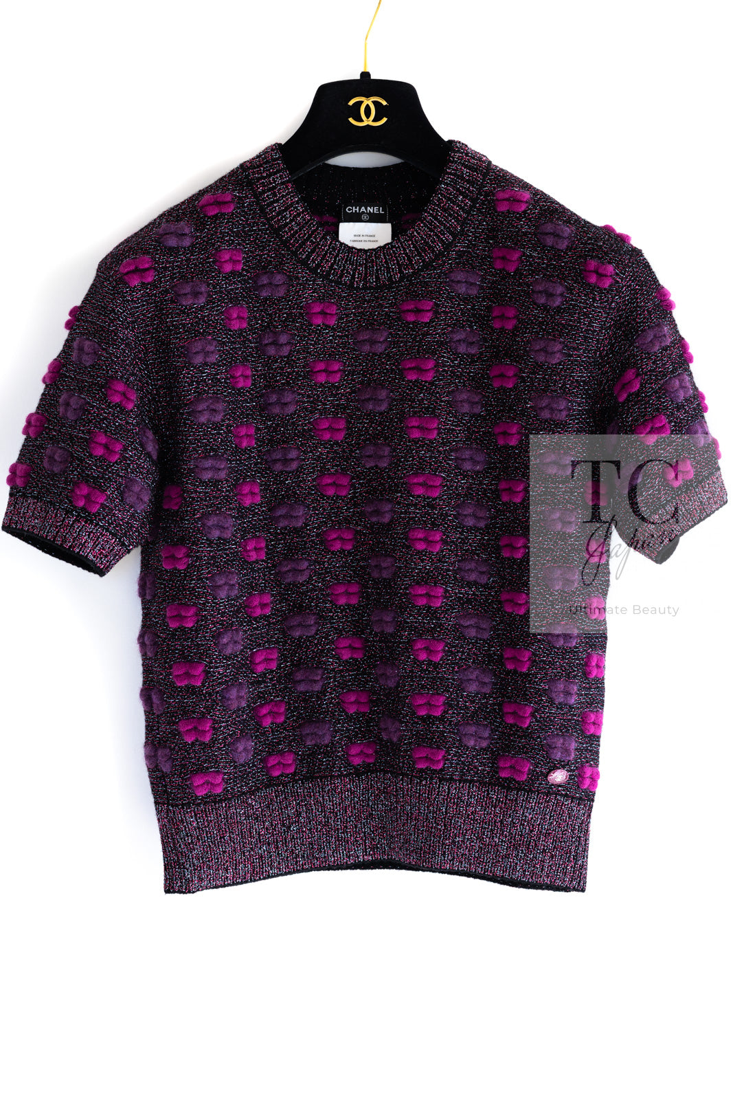 CHANEL 14A Purple Pink Violet Wool Mohair Ribbon Lips Knit Sweater 38 シャネル パープル マジェンタ リボン リップ ウール モヘア ニット セーター 即発