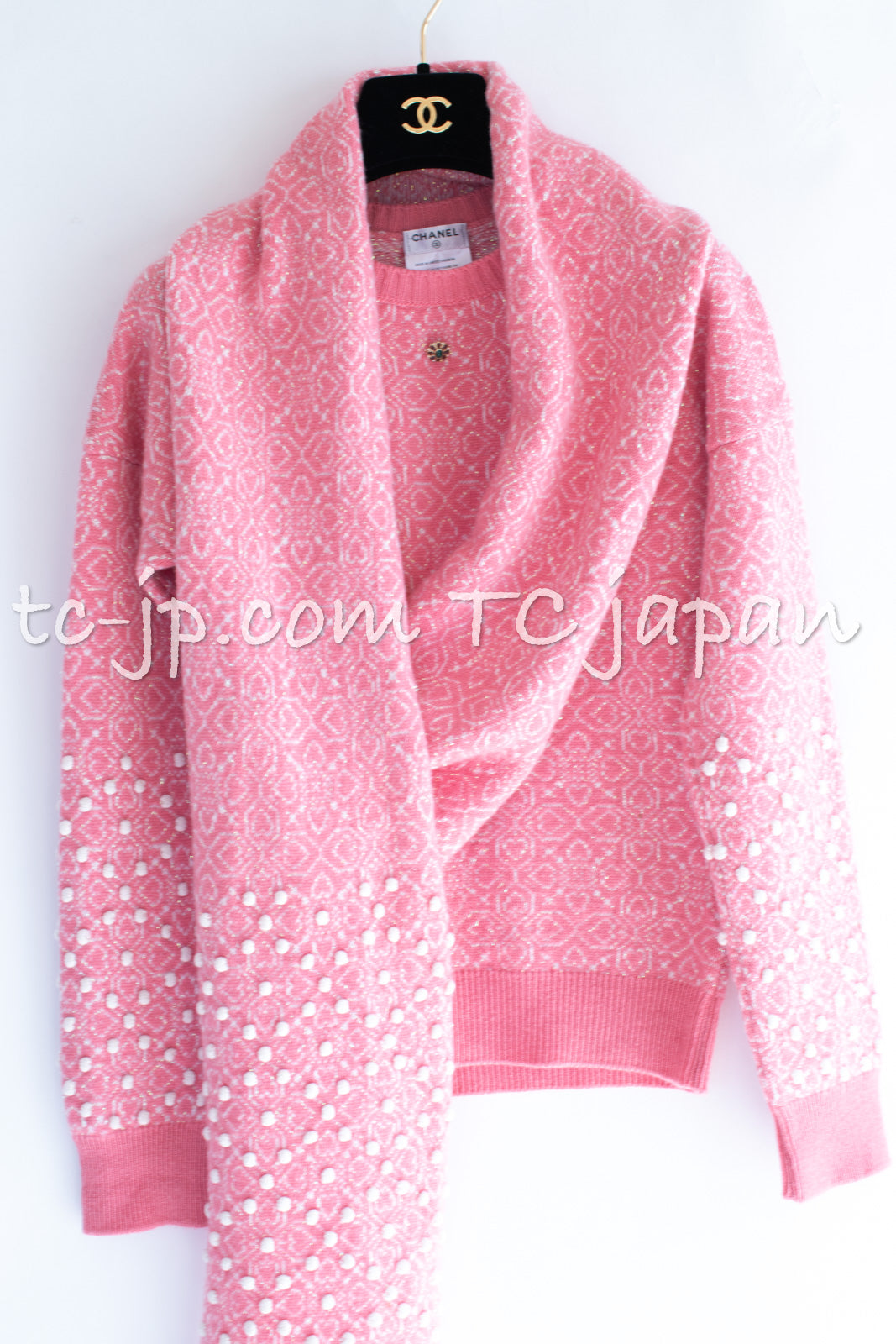 CHANEL 12PF Pink Ivory Scarf Gripoix Cashmere Knit Sweater 34 36 シャネル ピンク 桜さくらカラー マフラー付 グリポワ宝石  カシミヤ ニット セーター 即発