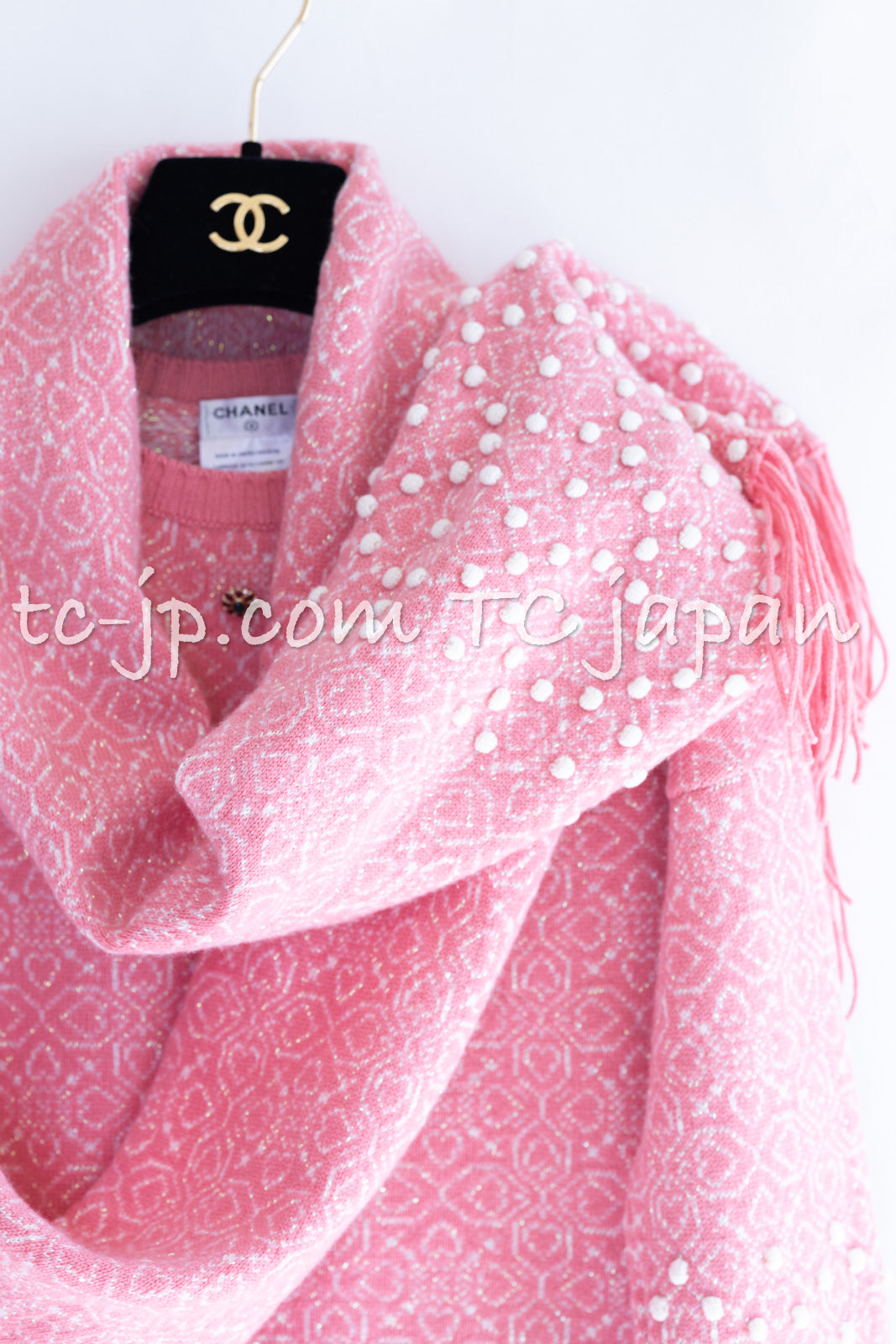 CHANEL 12PF Pink Ivory Scarf Gripoix Cashmere Knit Sweater 34 36 シャネル ピンク 桜さくらカラー マフラー付 グリポワ宝石  カシミヤ ニット セーター 即発