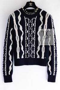 CHANEL 18PF Navy Ivory Wool Cashmere Knit Sweater 34 シャネル ネイビー アイボリー ウール カシミア ケーブル ニット セーター 即発