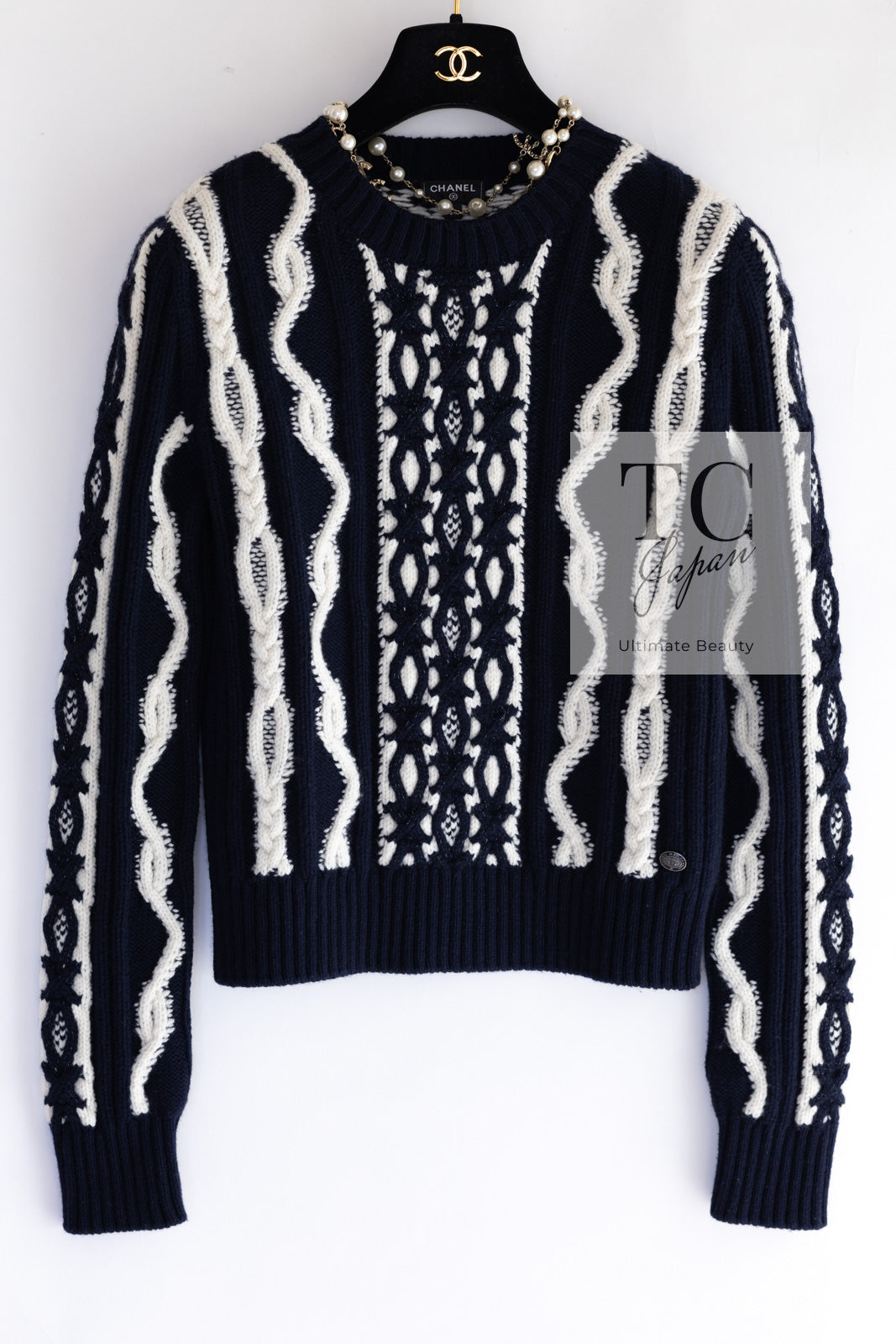 CHANEL 18PF Navy Ivory Wool Cashmere Knit Sweater 34 シャネル ネイビー アイボリー ウール カシミア ケーブル ニット セーター 即発