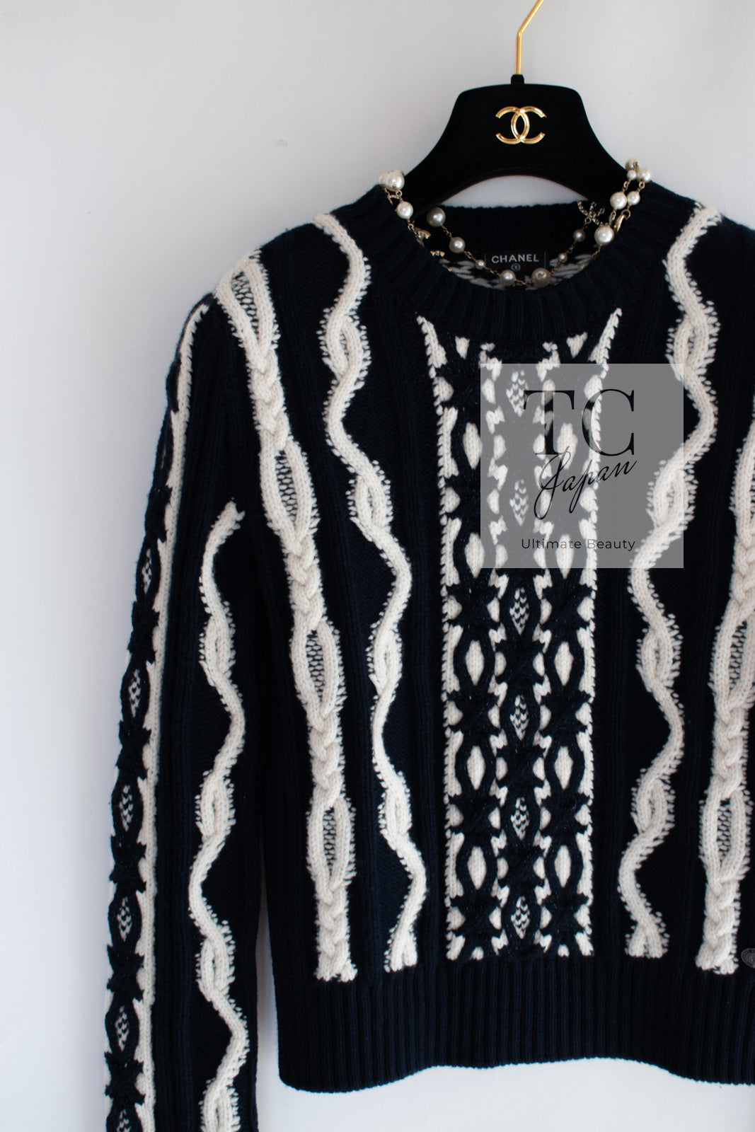 CHANEL 18PF Navy Ivory Wool Cashmere Knit Sweater 34 シャネル ネイビー アイボリー ウール カシミア ケーブル ニット セーター 即発