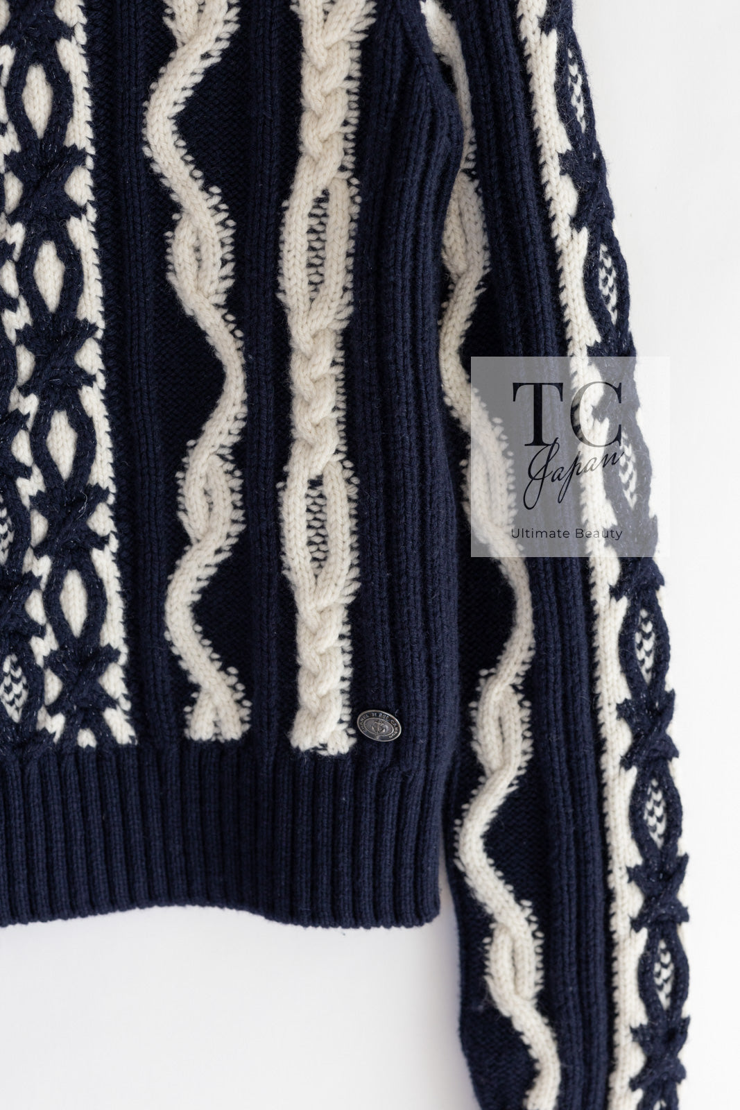 CHANEL 18PF Navy Ivory Wool Cashmere Knit Sweater 34 シャネル ネイビー アイボリー ウール カシミア ケーブル ニット セーター 即発