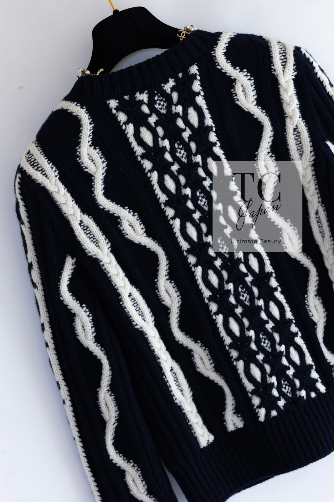 CHANEL 18PF Navy Ivory Wool Cashmere Knit Sweater 34 シャネル ネイビー アイボリー ウール カシミア ケーブル ニット セーター 即発