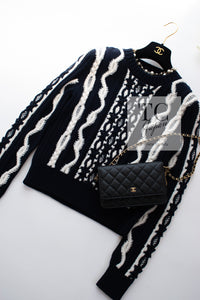 CHANEL 18PF Navy Ivory Wool Cashmere Knit Sweater 34 シャネル ネイビー アイボリー ウール カシミア ケーブル ニット セーター 即発