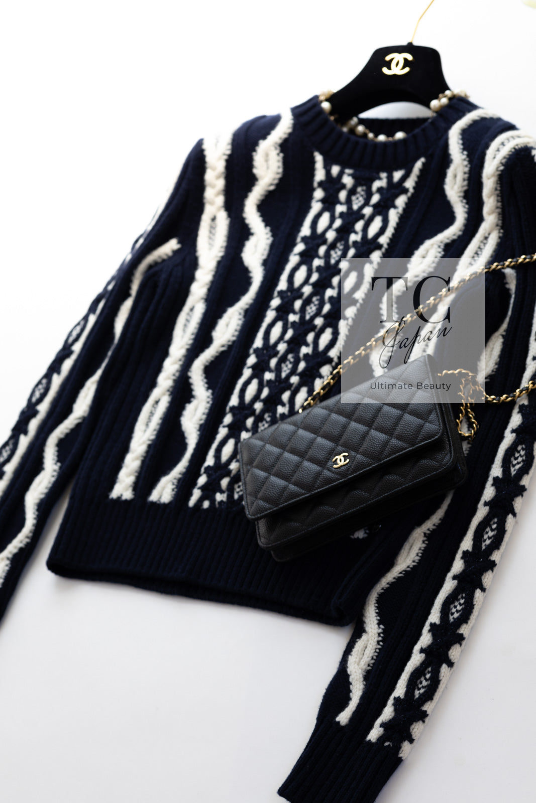 CHANEL 18PF Navy Ivory Wool Cashmere Knit Sweater 34 シャネル ネイビー アイボリー ウール カシミア ケーブル ニット セーター 即発