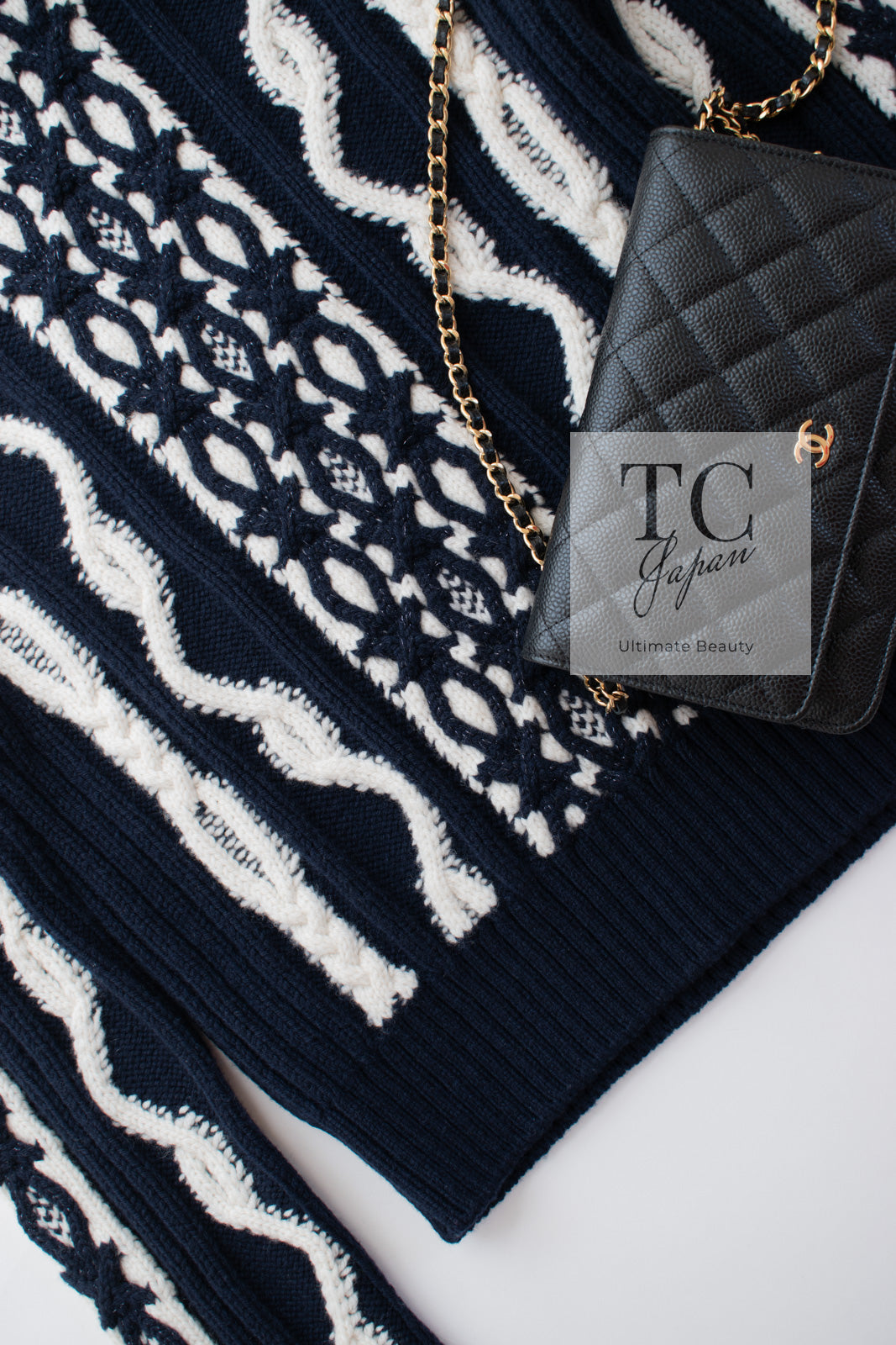 CHANEL 18PF Navy Ivory Wool Cashmere Knit Sweater 34 シャネル ネイビー アイボリー ウール カシミア ケーブル ニット セーター 即発